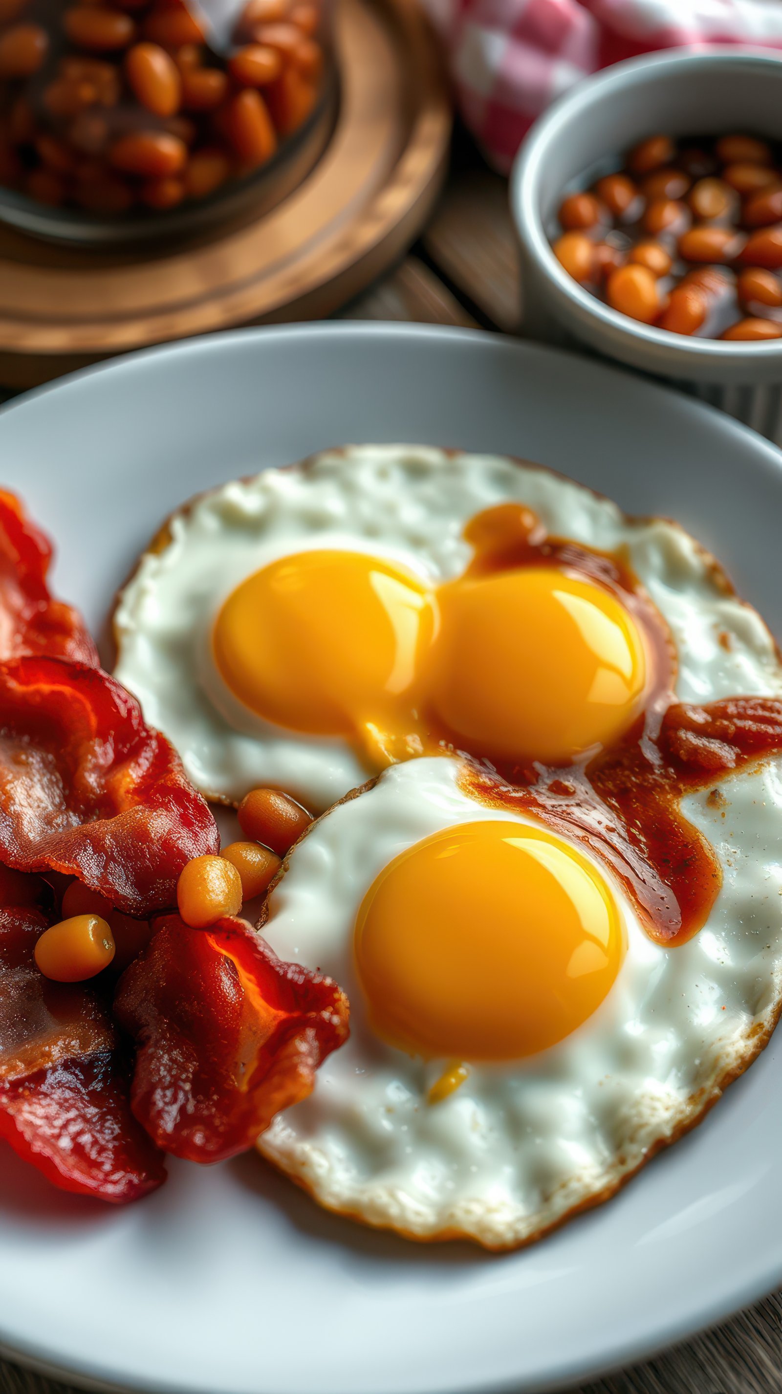 Breakfast featuring sunny side up eggs, crispy bacon, and baked beans served on a white plate